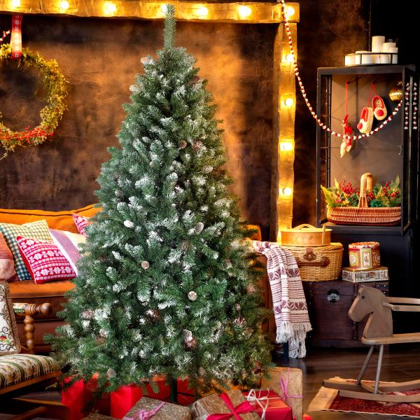Árvore de Natal Artificial 180 cm Árvore de Natal com 910 Ramos com Efeito Neve 58 Pinhas Verde