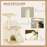 Arranhador para Gatos Médio de 3 Níveis com Postes de Sisal Placa para Arranhar e Bola Suspensa 40x35x72 cm Creme
