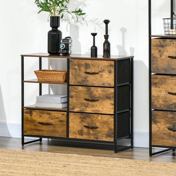 Cómoda com 4 Gavetas de Tecido Dobrável e 2 Prateleiras Abertas Estilo Industrial 84x30x71,4cm Marrom Rústico