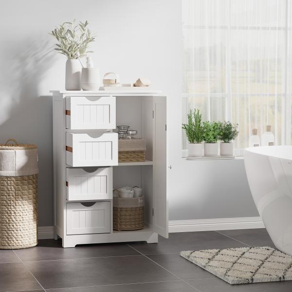 Armário Casa de Banho Móvel Auxiliar Organizador Moderno de Madeira com 1 Armário e Gavetas 56x30x83 cm Branco