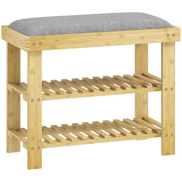 Banco Sapateira de Bambu Sapateira com Assento Almofadado 2 Prateleiras para 6 Pares de Sapatos 60x29x49 cm Madeira e Cinzento