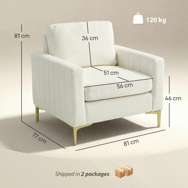 Poltrona de Sala Estofada em Veludo Acolchoamento Espesso Assento Amplo Apoio de Braços Almofada 81x77x81 cm Creme