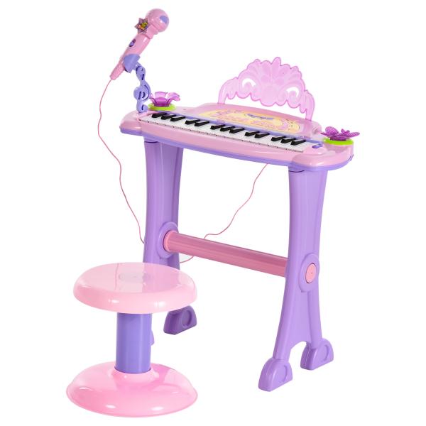 Piano Eléctrico Infantil 32 Teclas Piano Infantil com Microfone Banquinho Luzes Ritmos Sons MP3 Karaoke Rosa