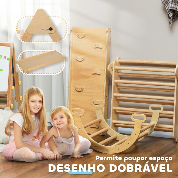 Triângulo de Escalada de Madeira 5 em 1 Escada para Crianças de 18 - 48 Meses com Rampa e Arco de Escalada 178x64,5x63 cm Madeira