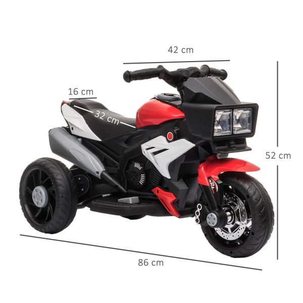 Motocicleta Elétrica Infantil com 3 Rodas para Crianças acima de 3 anos Triciclo com Pedal para Crianças Bateria 6V com Luzes Música Pneus Largos 86x42x52cm Vermelho e Preto