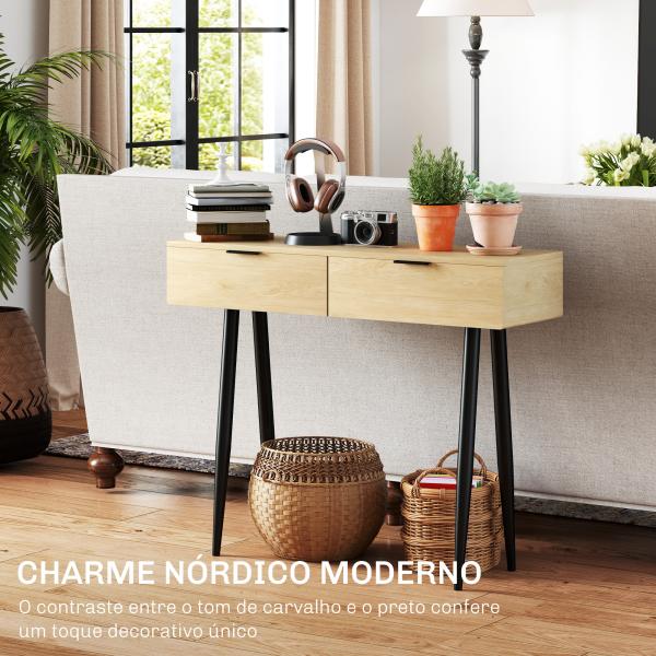 Mesa Consola Móvel para Entrada com 2 Gavetas e Pés de Aço Consola para Entrada Corredor 100x30x80,5 cm Carvalho