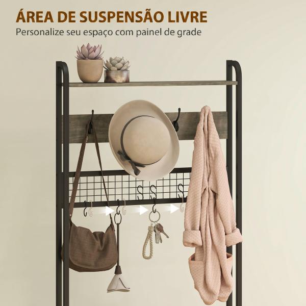 Bengaleiro com Sapateira 5 em 1 com Banco, Painel de Grelha, Armário, 10 Ganchos, Prateleira Superior e Estrutura em Aço, Cinzento