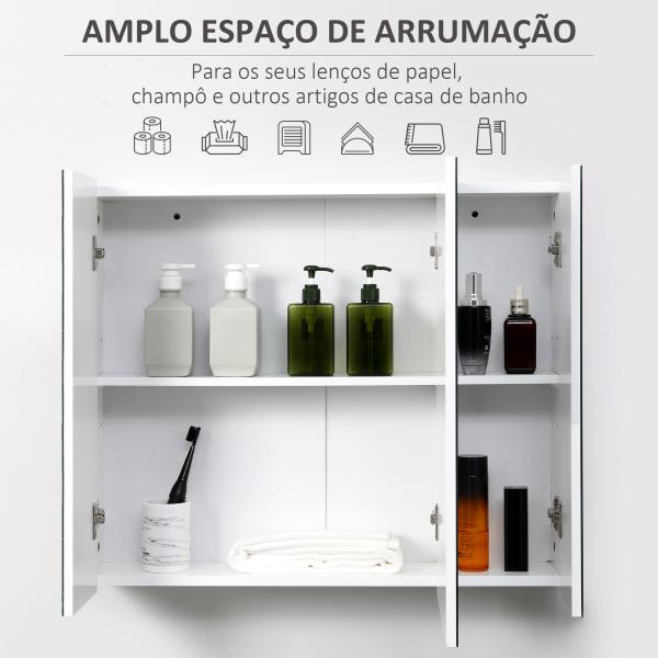 Armário de Casa de Banho com 3 Portas com Espelho Armário de Parede com Prateleiras Internas Ajustáveis 70x15x60 cm Branco