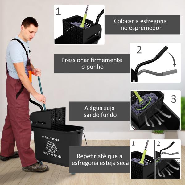 Balde de Limpeza 20L com Rodas e Espremedor Balde para Esfregona com Separador de Água 60x27x70,5 cm Preto