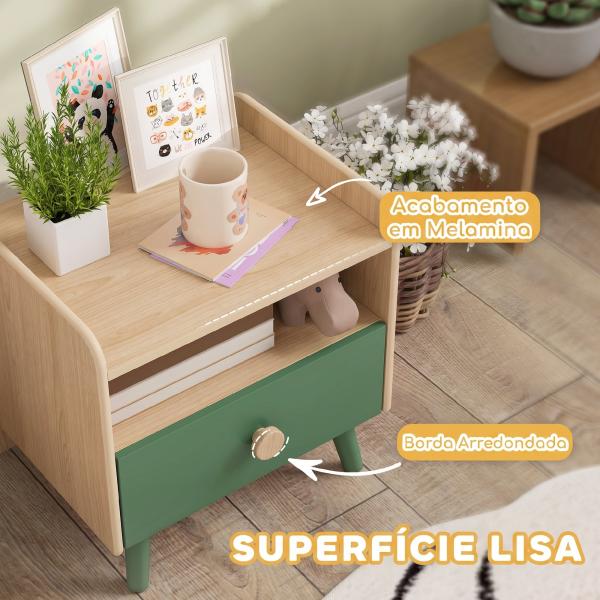 Mesa de Cabeceira para Crianças dos 3 aos 10 Anos com Gaveta e Cantos Arredondados, Verde e Carvalho