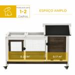 Coelheira de Madeira com Rodas para 1 - 2 Coelhos com Teto Abatível Bandeja Amovível 108x58x73,5cm Marrom Café e Branco