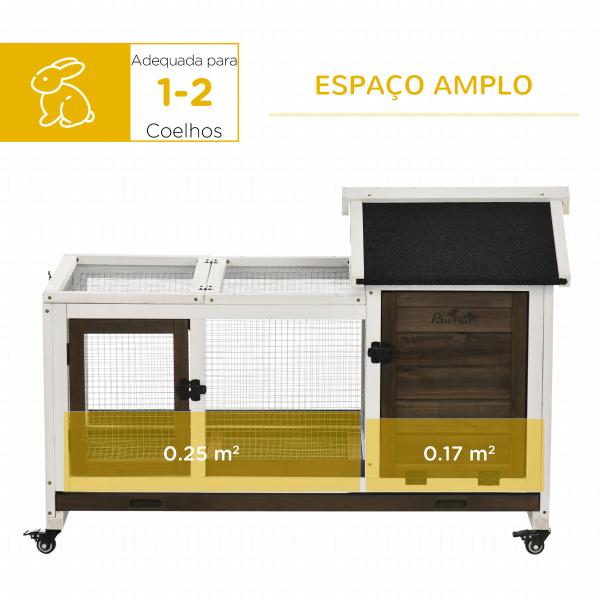 Coelheira de Madeira com Rodas para 1 - 2 Coelhos com Teto Abatível Bandeja Amovível 108x58x73,5cm Marrom Café e Branco
