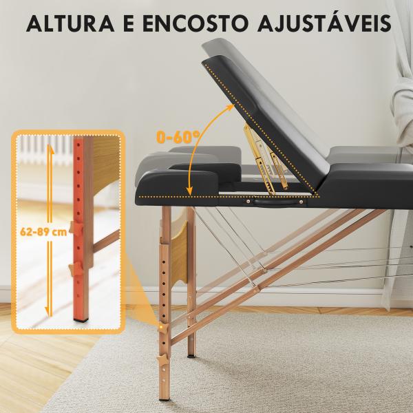 Marquesa de Massagem Dobrável Portátil com Altura Ajustável Apoio de Cabeça Apoios de Braço Acolchoados 215x60x64 - 89 cm Preto