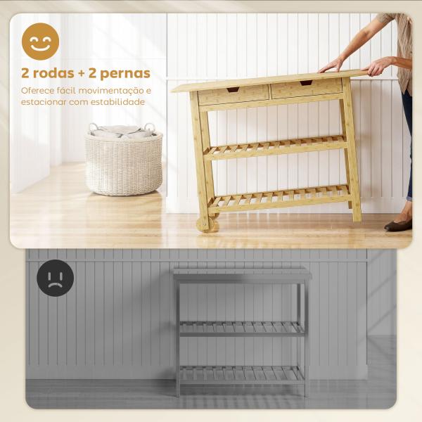 Carrinho Auxiliar com Rodas em Bambu 2 Gavetas 2 Prateleiras de Ripas 100x43x75 cm Madeira
