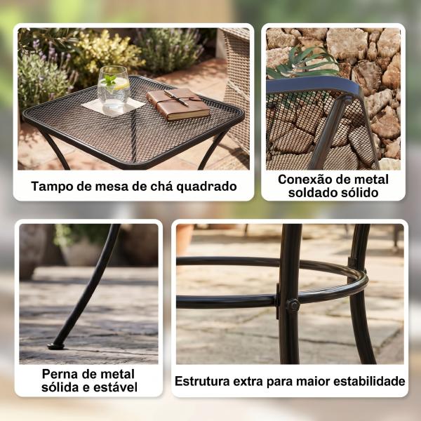 Mesa Auxiliar Quadrada Mesa de Jardim Exterior com Estrutura de Metal para Pátio Terraço Varanda 45x45x50 cm Preto