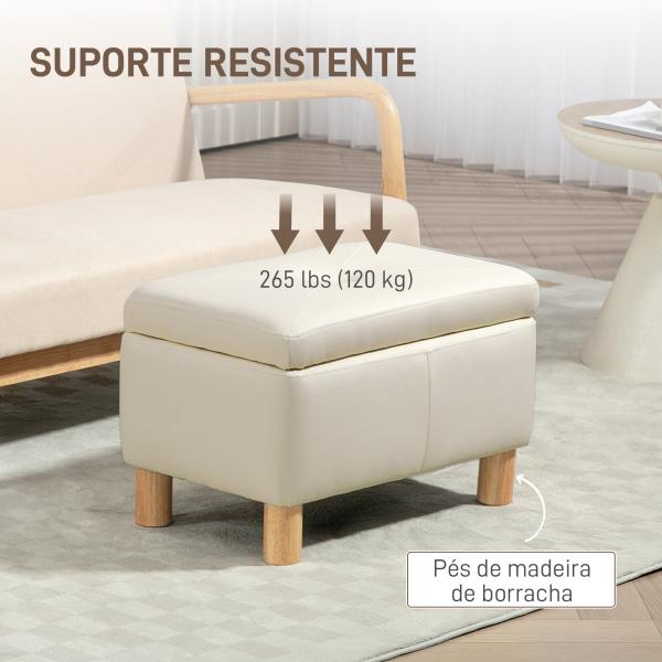Baú de Armazenamento para Dormitório 33L Puff de Armazenamento Estofado em PU Banco de Arrumação 60x38x40 cm Creme
