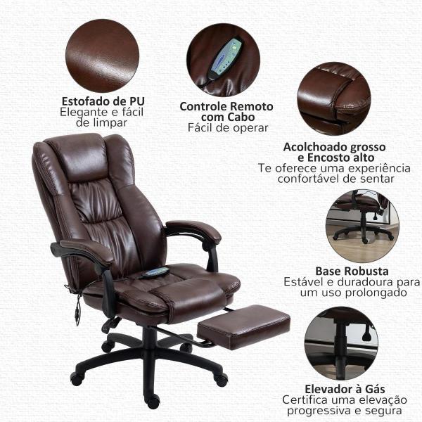 Cadeira de Escritório e Giratória Cadeira de Escritório com Altura Ajustável 6 Pontos de Massagem Controle Remoto e Apoio para os Pés Retrátil 68,5x68,5x119 - 127cm Marrom