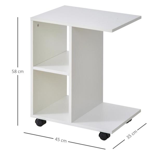 Mesa Auxiliar Moderna Mesa Auxiliar em Forma de C com Rodas e Prateleiras Abertas 45x35x58 cm Branca