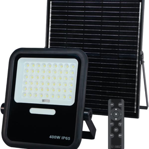 Kit Projector LED 400W Branco F. 6000K c/ Sensor + Painel Solar + Comando (IP65)