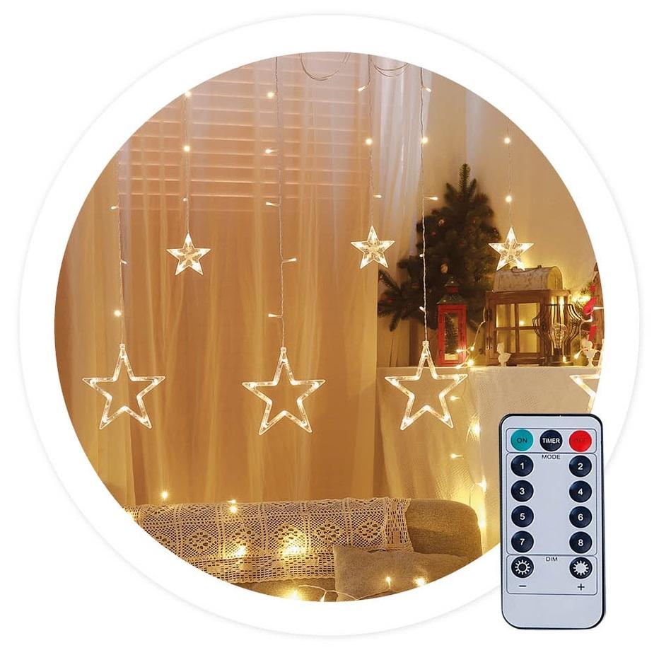 Cortina 138 LEDs (Decoração Natal) Branco Quente 3000K USB c/ Estrelas (3,5 mts) - GSC