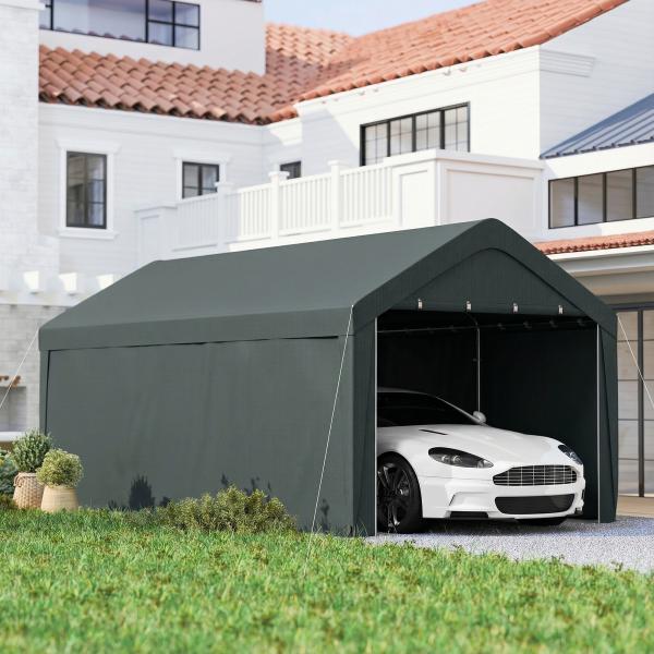 Abrigo de Exterior 590x300x280 cm Garagem de Exterior para Carros Anti UV com Paredes Laterais Desmontáveis e 2 Portas Cinza Escuro