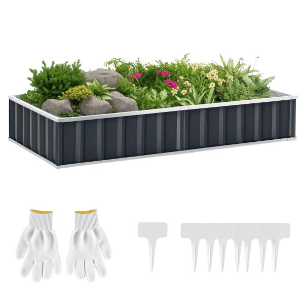 Horta Urbana Canteiro de Jardim em Aço com Luvas Incluídas, Floreira Retangular para Cultivo de Plantas e Flores para Terraço e Varanda Exterior 174x90x30 cm Cinzento