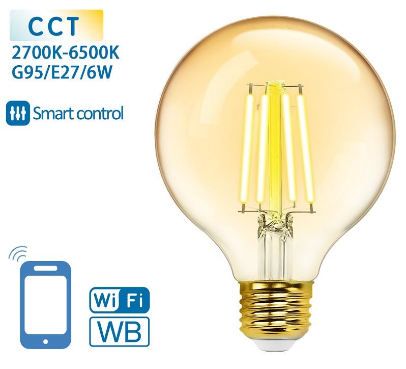 Lâmpada LED Inteligente E27 G95 Filamento Smart Wi - Fi 220V 6W 2700K ~ 6500K 806Lm (Âmbar)