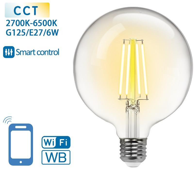 Lâmpada LED Inteligente E27 G125 Filamento Smart Wi - Fi 220V 6W 2700K ~ 6500K 850Lm (Transparente)