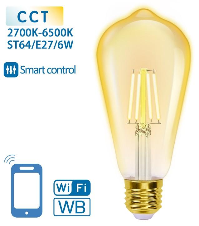 Lâmpada LED Inteligente E27 ST64 Filamento Smart Wi - Fi 220V 6W 2700K ~ 6500K 806Lm (Âmbar)