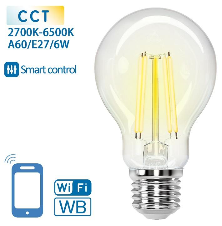 Lâmpada LED Inteligente E27 A60 Filamento Smart Wi - Fi 220V 6W 2700K ~ 6500K 850Lm (Transparente)