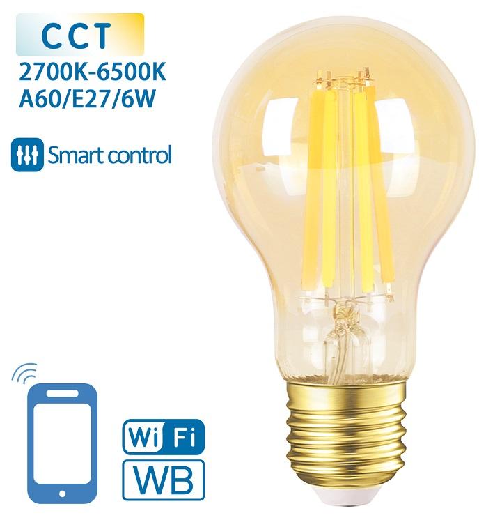 Lâmpada LED Inteligente E27 A60 Filamento Smart Wi - Fi 220V 6W 2700K ~ 6500K 806Lm (Âmbar)