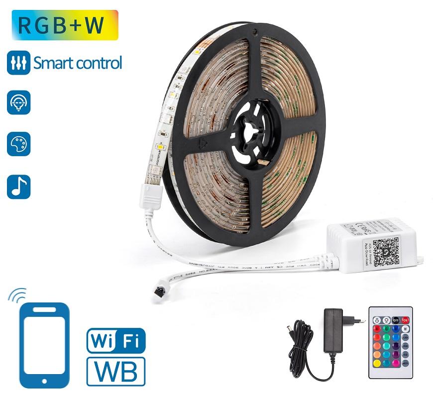 Pack Fita LEDs Inteligente Smart RGB+W Wi - Fi 12V (5 mts) + Controlador + Fonte Alimentação