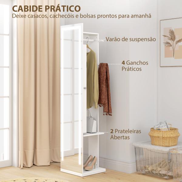 Espelho para Jóias com Luzes LED Espelho de Corpo Inteiro Rotativo 360° Prateleiras Abertas Barras para Pendurar Branco