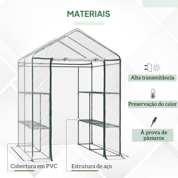 Estufa Transparente de Jardim Estufa de Plantas de 3 Níveis com Prateleiras Estrutura de Aço 143x143x195cm Transparente e Verde
