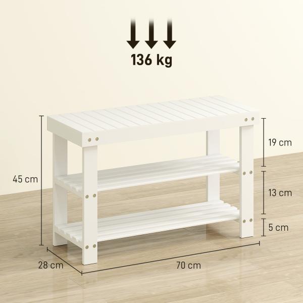Banco Sapateira de Bambu Organizador de Sapatos com 2 Prateleiras para 6 - 9 Pares de Sapatos 70x28x45 cm Branco