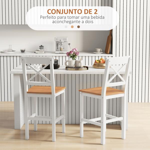 Conjunto de 2 Bancos de Bar de Madeira com Encosto e Apoio para os Pés Estilo Rústico para Cozinha 41x46x97.5 cm Natural