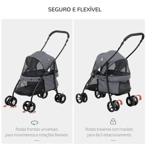 Carrinho para Animais de Estimação Dobrável com Janela de Malha Almofada Lavável Arnês de Segurança 82x47x97cm Cinza
