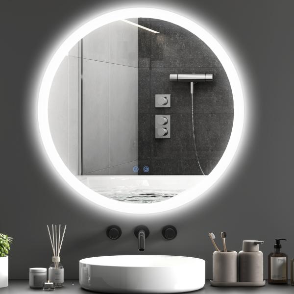 Espelho Casa de Banho Redondo com Luzes LED 70x70 cm Função Antiembaciamento 3 Luzes Função de Memória e Interruptor Tátil Prata