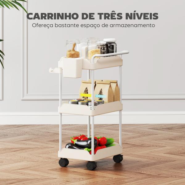 Carrinho Auxiliar com Rodas de 3 Níveis com Cestos Extraíveis Suporte para Toalhas e Estrutura de Metal 42x42,5x76 cm Branco