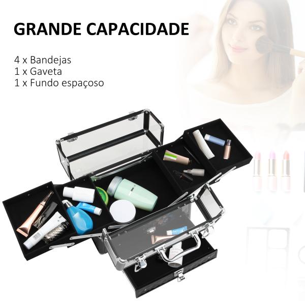 Estojo de Maquilhagem Organizador de Cosméticos Portátil com Múltiplos Níveis Alça e Bandejas 30x18,5x22 cm Preto e Transparente