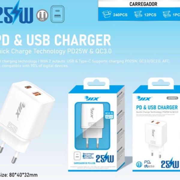 Carregador Rápido PD 25W + USB