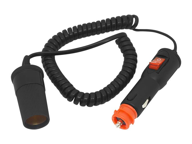Cabo Extensão Espiral Ficha Isqueiro Macho c/ Interruptor - Ficha Isqueiro Femea (55 - 180 cm)
