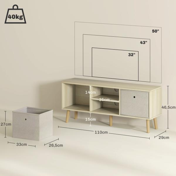Móvel de TV para Televisores de até 50 Polegadas com 2 Gavetas de Tecido 2 Prateleiras Abertas 110x29x46,5 cm Madeira Clara e Bege