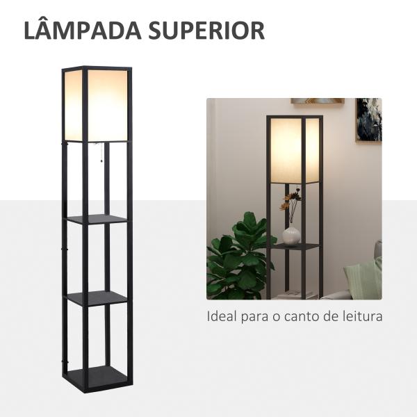 Candeeiro de Pé de Madeira com 3 Prateleiras De Armazenamento para Lâmpada E27 Potência Máx. 40W Candeeiro Moderno para Sala de Estar Dormitório 26x26x160cm Preto