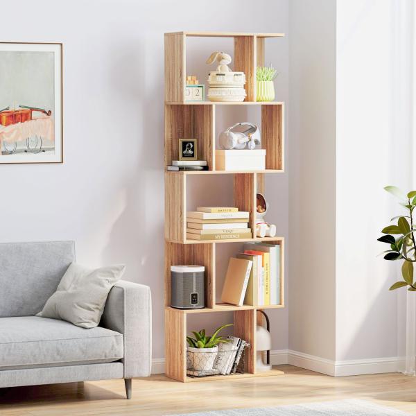 Estante para Livros Estante Alta de Parede com 5 Níveis em Forma de S Desenho Moderno 60x24x184,5 cm Madeira