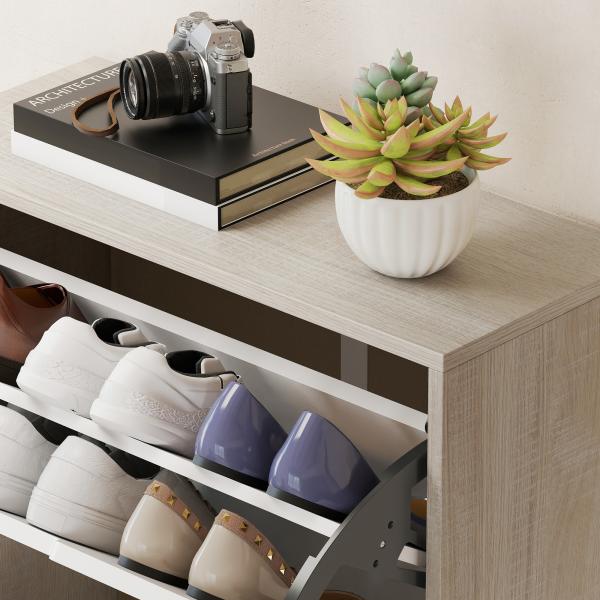 Sapateira de Madeira com 3 Compartimentos Abatíveis com Capacidade para 12 Pares 62,5x26x117,5 cm Branco e Madeira
