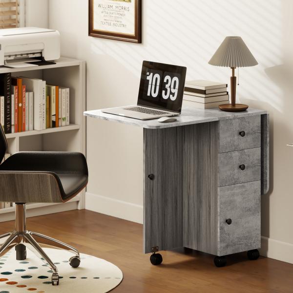 Mesa de Refeição Dobrável com Rodas Mesa Abatível com 2 Gavetas e Armário Mesa Auxiliar Multifuncional 120x60x76,5 cm Cinza