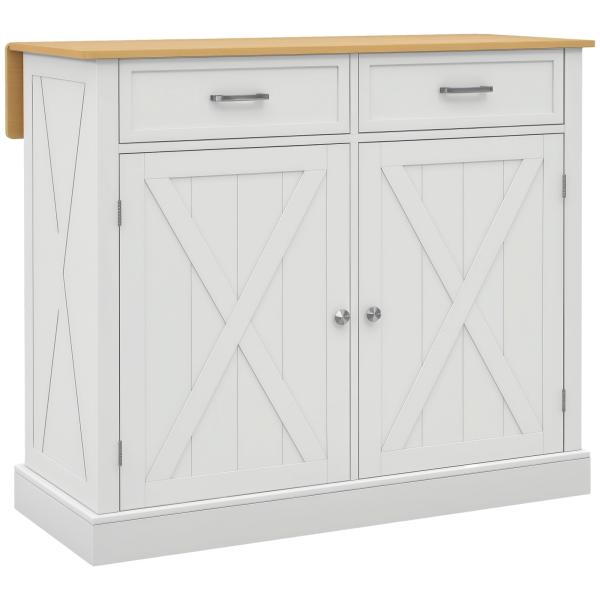 Ilha de Cozinha com Bancada de Madeira Dobrável 2 Portas 2 Gavetas Prateleira Ajustável e 4 Rodas 10x60x90,5 cm Branco e Madeira