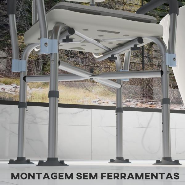 Cadeira de Duche para Idosos com Encosto Apoios de Braço Altura Ajustável Almofada Acolchoada Removível 53,5x52x80 - 90 cm Branco