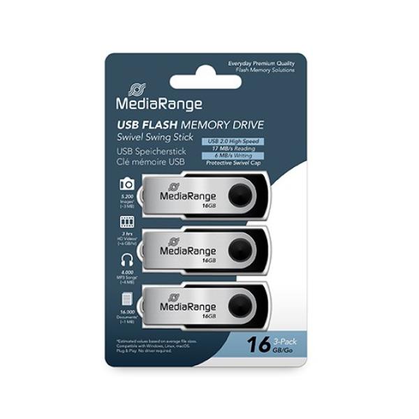 PENDRIVE 16GB USB 2.0 MEDIARANGE 3 PACK